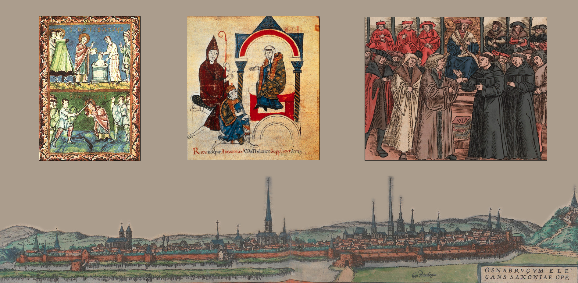 Berühmte Szenen aus der Kirchen- und Christentumsgeschichte, im Hintergrund eine historische Stadtansicht von Osnabrück. Berühmte Szenen aus der Kirchen- und Christentumsgeschichte, im Hintergrund eine historische Stadtansicht von Osnabrück.